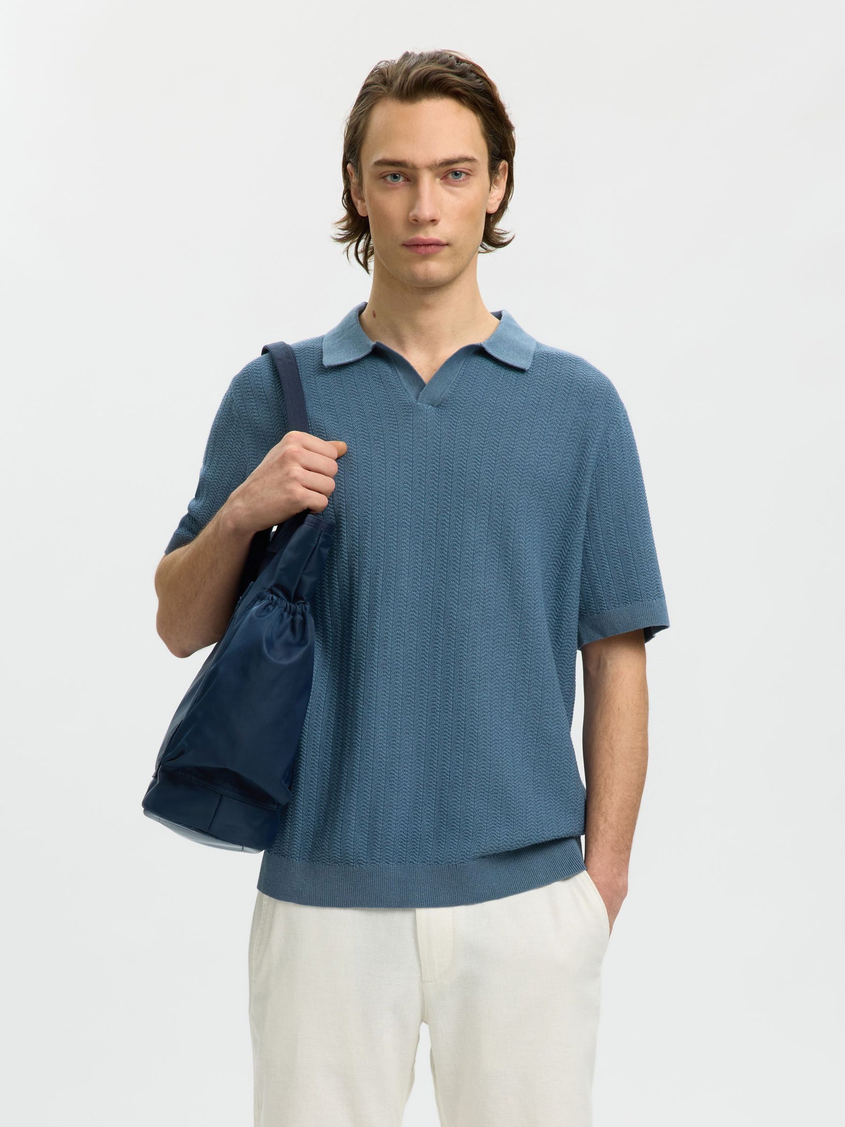 LINEN BLEND POLO SHIRT - BLUE MIRAGE