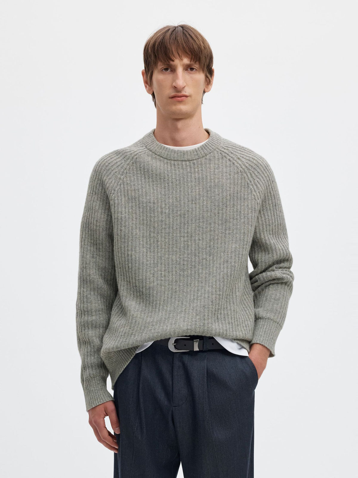 100% Cotton Long Sleeve crewneck Sweater - Light Grey Melange
