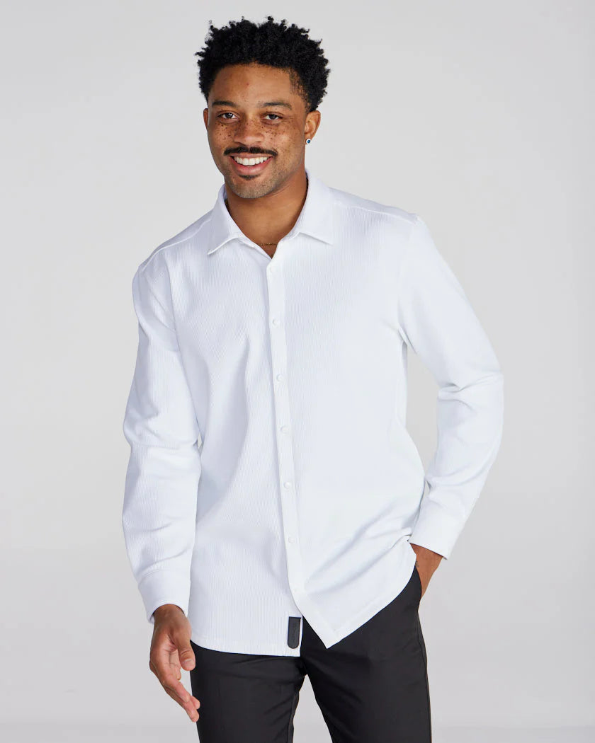 Ribbed+ Long Sleeve Button Down - White