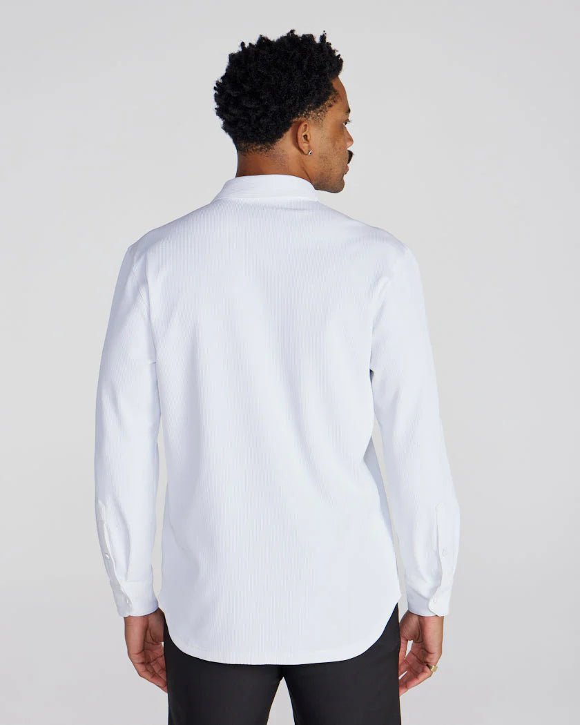 Ribbed+ Long Sleeve Button Down - White