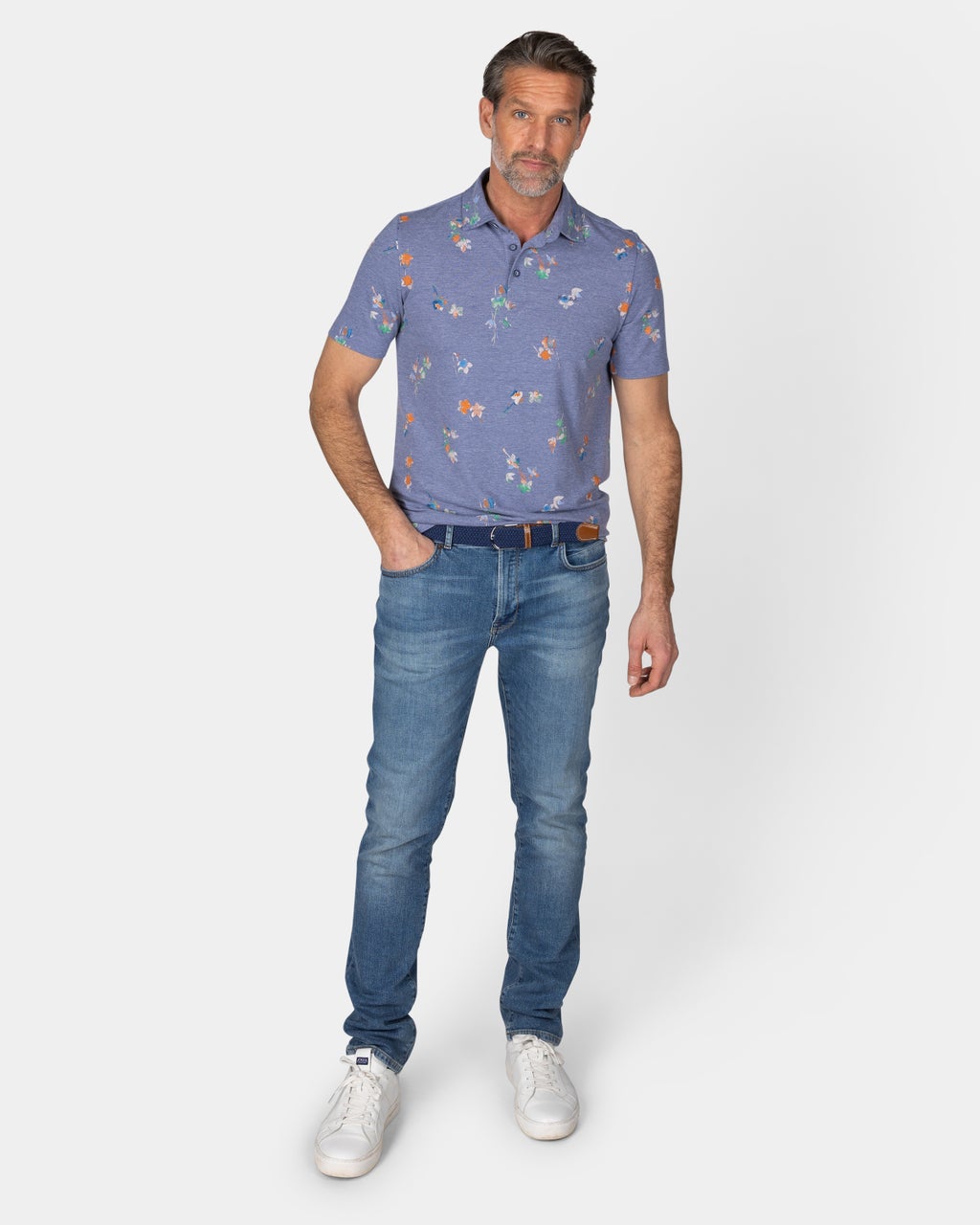 NAVY POLO SHIRT WITH LEAF PRINT