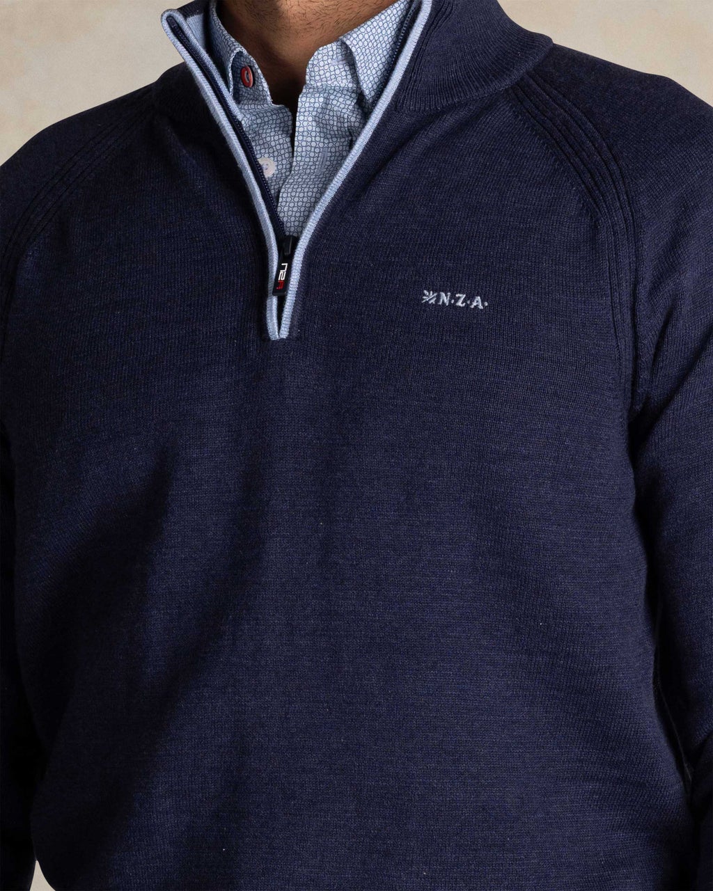 BLUE COTTON HALF ZIP SWEATER