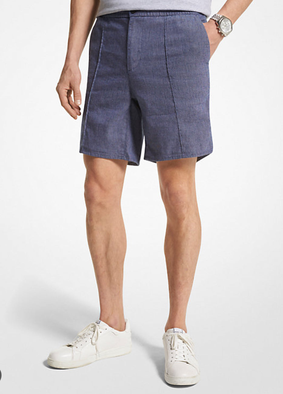 Pintucked Linen And Cotton Blend Shorts Blue