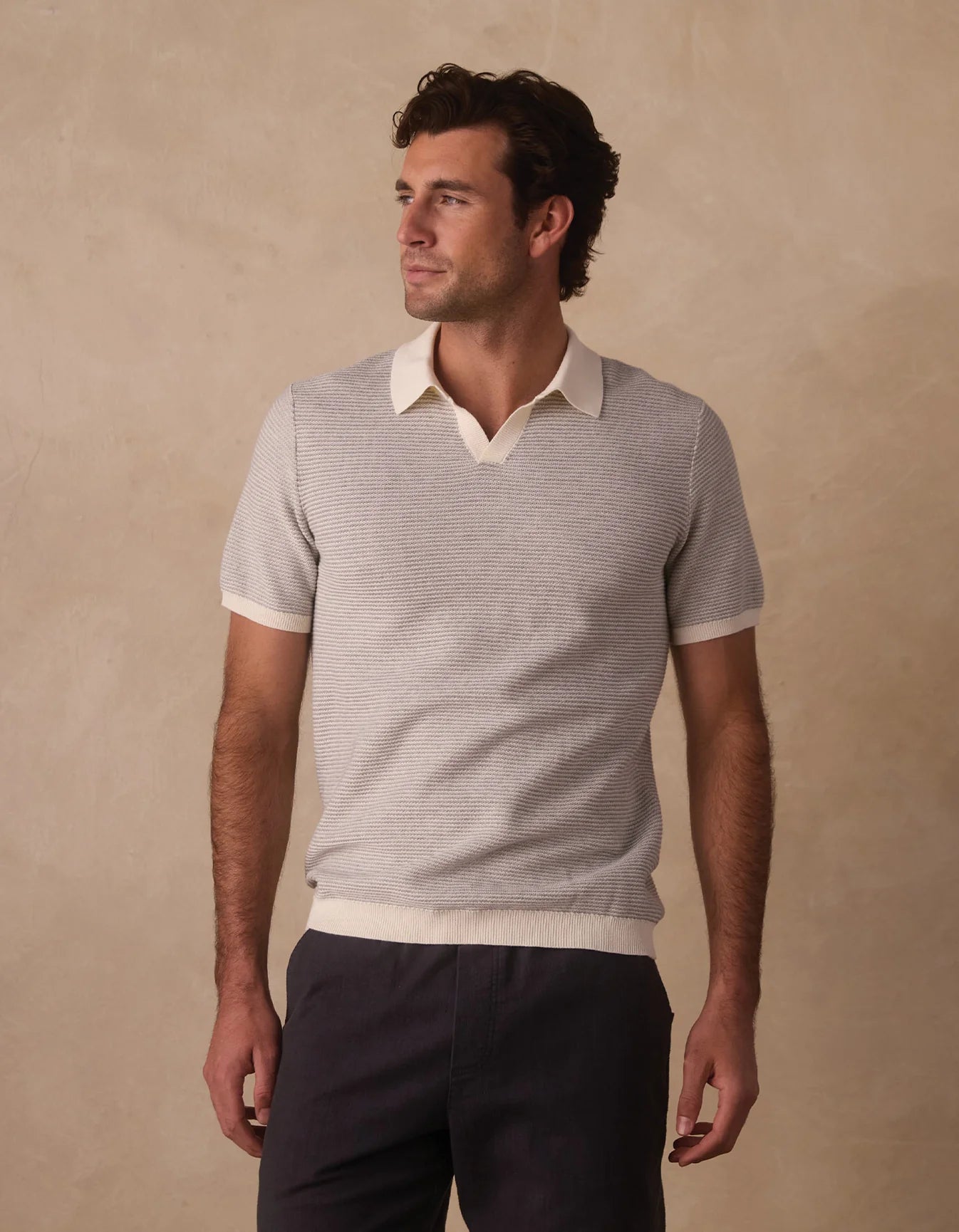 Robles Birdseye Knit Polo in - Cream/Grey