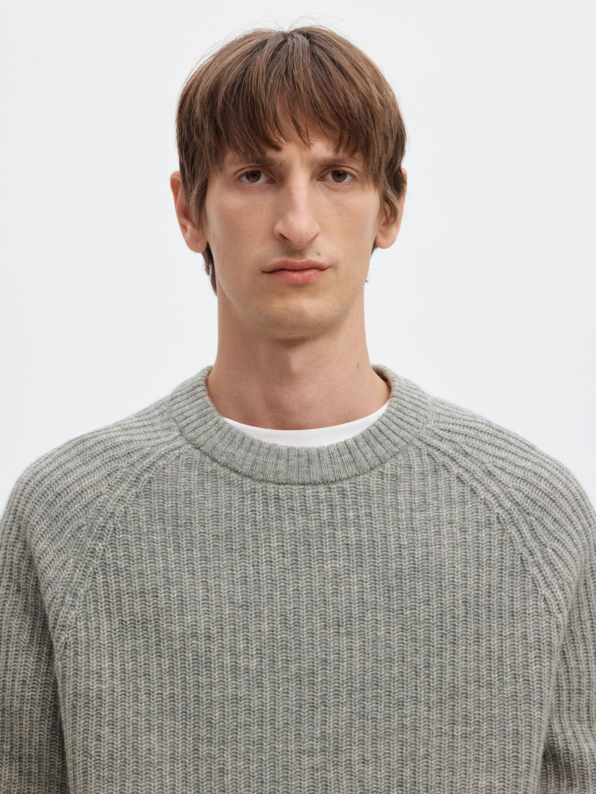 100% Cotton Long Sleeve crewneck Sweater - Light Grey Melange