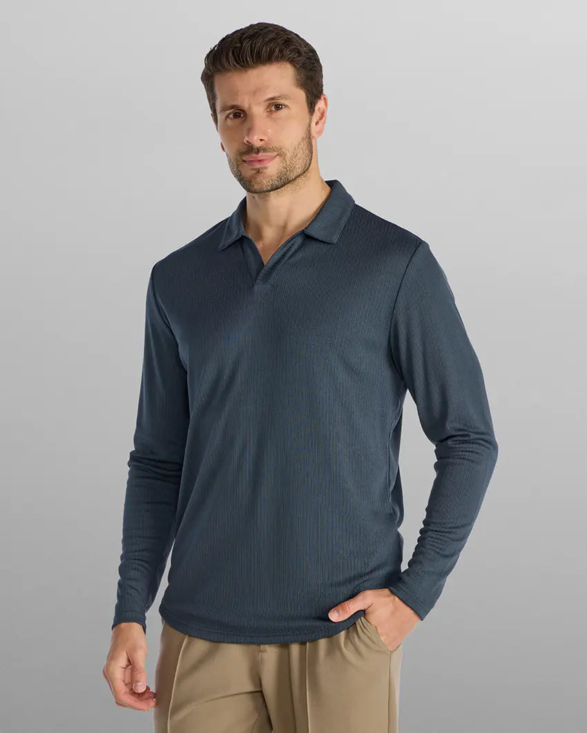 Ribbed Long Sleeve Open V Polo - Vintage Navy