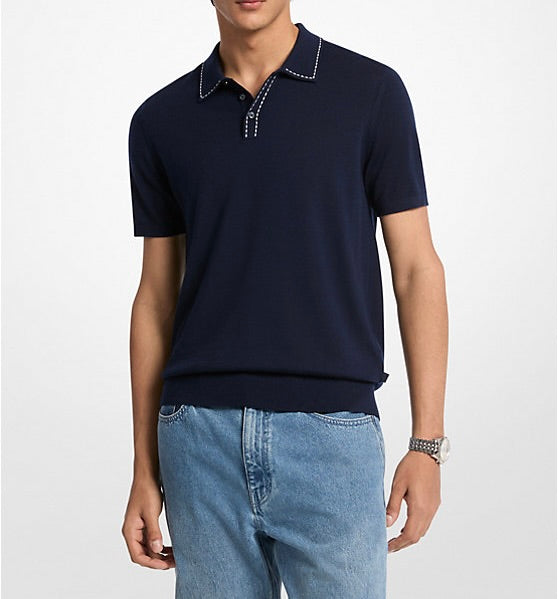 Contrast-Trim Wool Polo Shirt - Midnight Blue