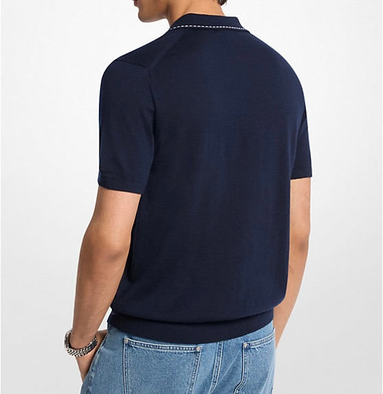 Contrast-Trim Wool Polo Shirt - Midnight Blue
