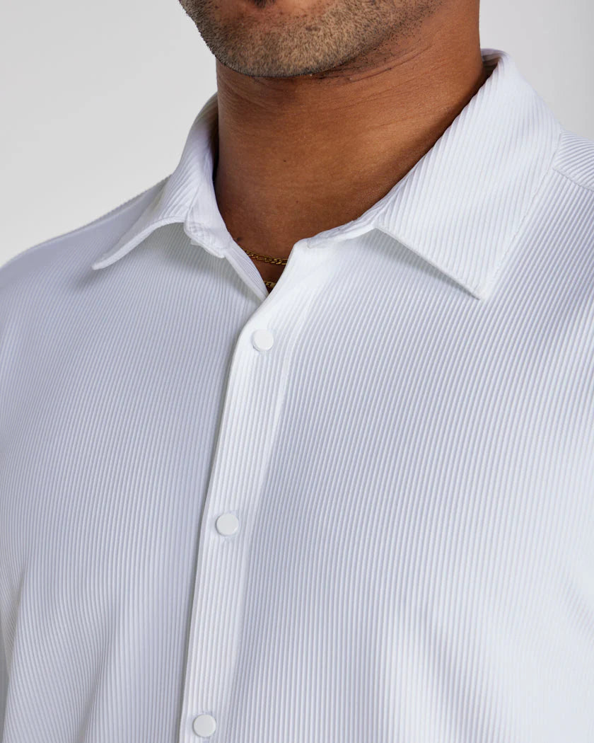 Ribbed+ Long Sleeve Button Down - White