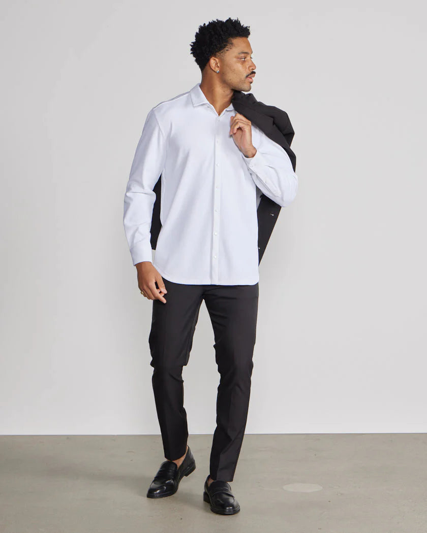 Ribbed+ Long Sleeve Button Down - White