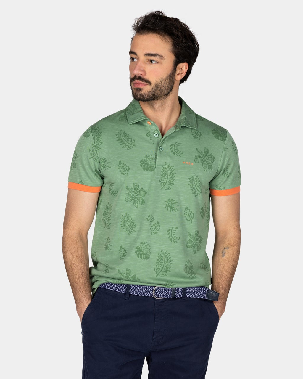 GREEN POLO SHIRT WITH LEAF PRINT