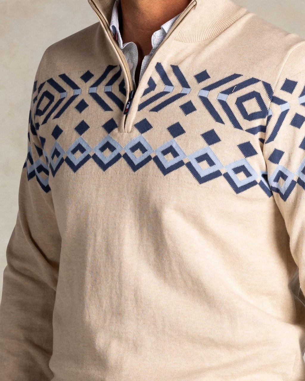 ECRU COTTON HALF ZIP SWEATER - Light Grey Melange