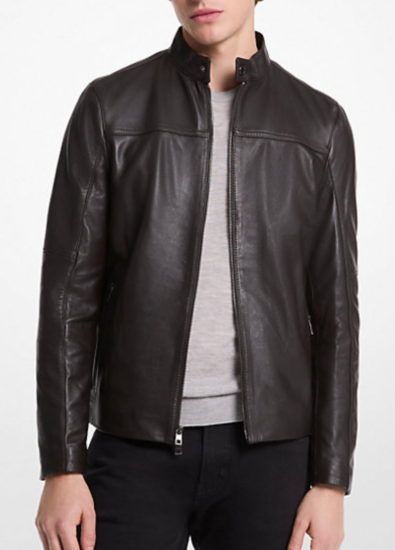 MENS Leather Racer Jacket - CHOCOLATE