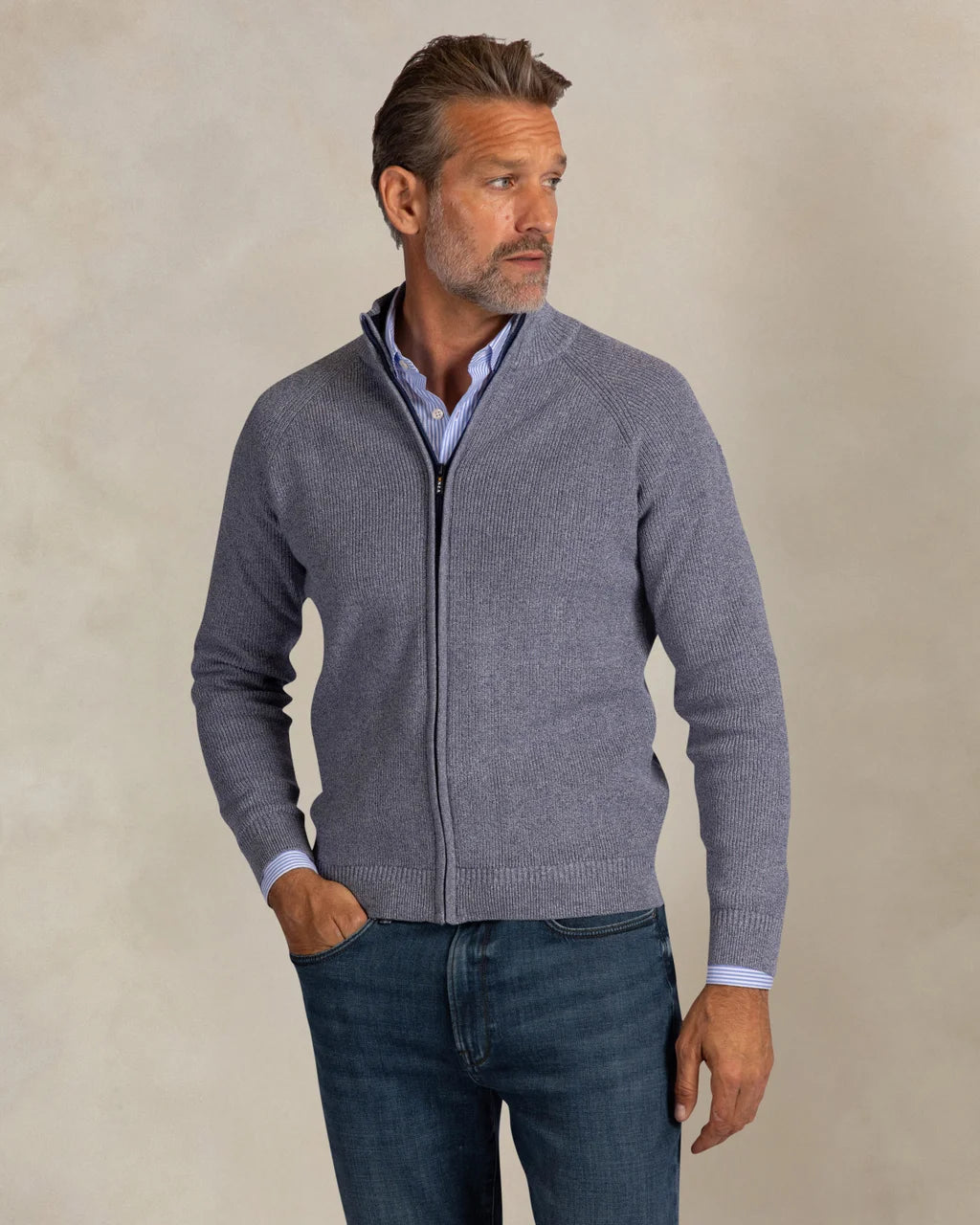 100% Cotton Cardigan - Blue Marled
