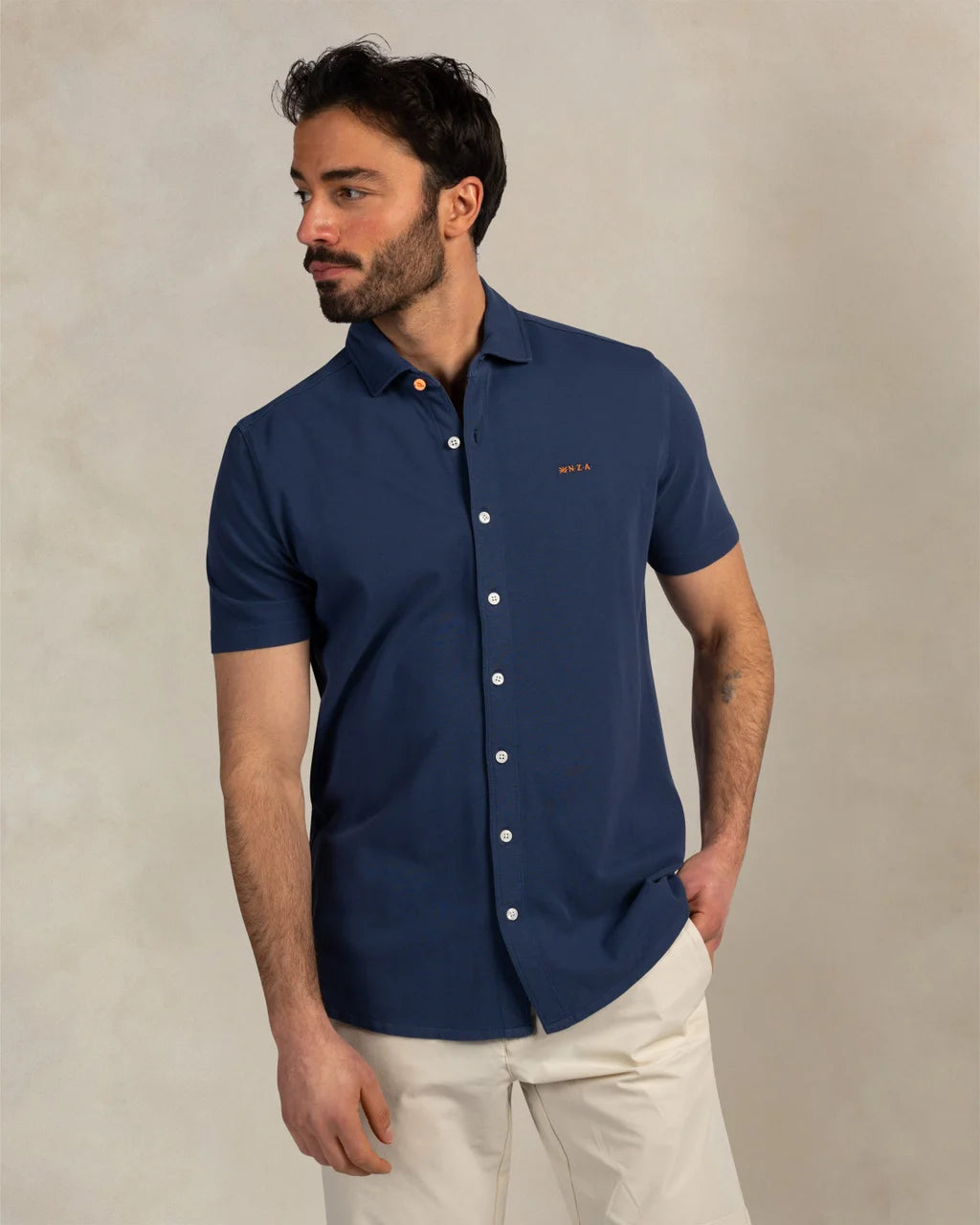 100% Cotton Piqué Short Sleeve Shirt - Dark Blue